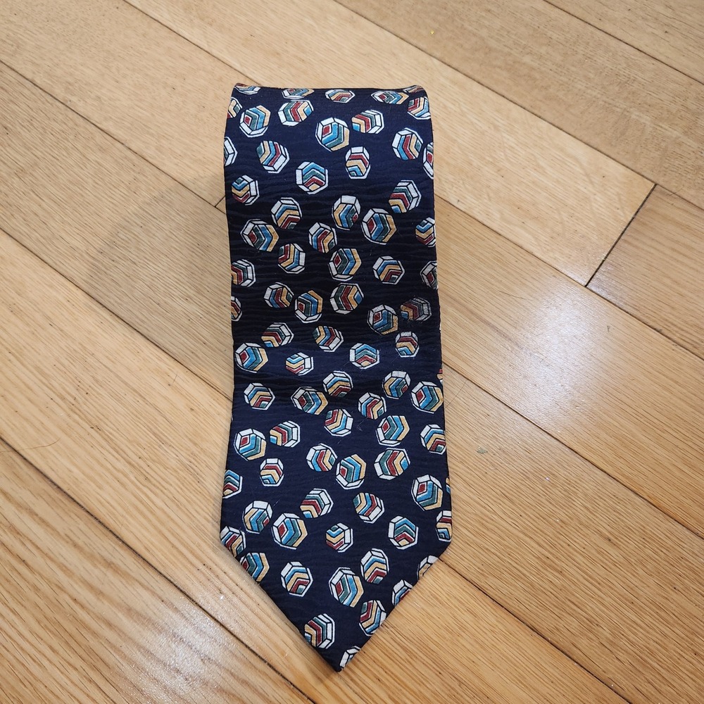 Silk Necktie Made in Italy Geometric Pattern Navy Blue Mens Fashion‎ Vintage